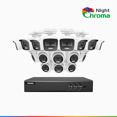 NightChroma<sup>TM</sup> NAK200 -  Kit de surveillance 2MP à 16 canaux avec 8 caméras bullet et 8 caméras tourelle, vision nocturne polychrome Acme (0.0005 Lux)
