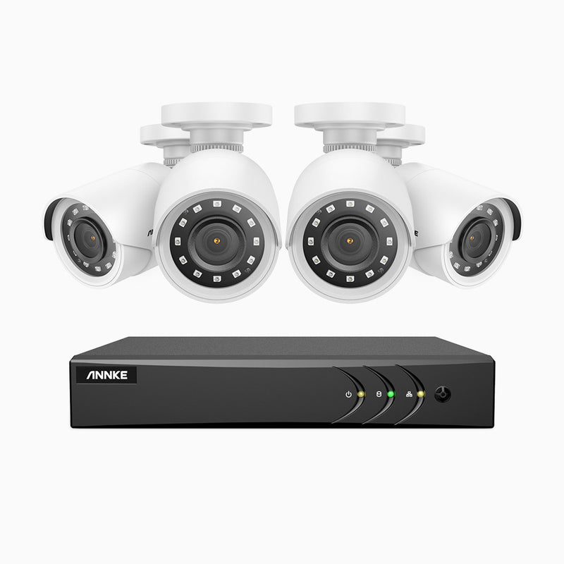E200 - Kit de surveillance filaire 1080p à 8 canaux avec 4 caméras, H.265+ Smart DVR avec détection humaine et véhicule, vision nocturne Infrarouge 30m