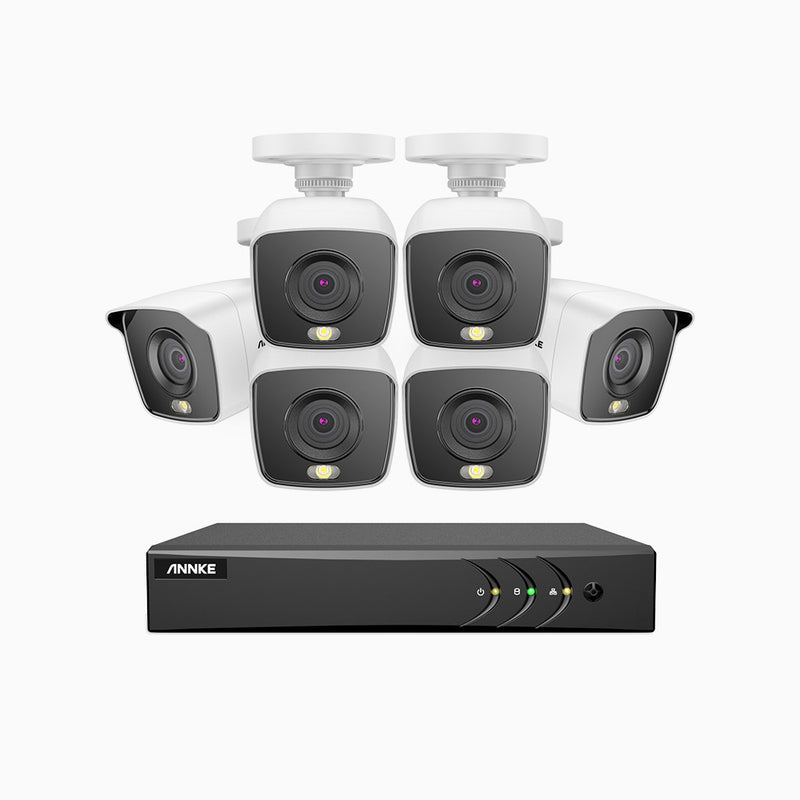 FC200 - Kit de surveillance filaire 1080p à 8 canaux avec 6 caméras, H.265+ Smart DVR avec détection humaine et véhicule, vision nocturne couleur, lumière chaude intégrée, IP67s