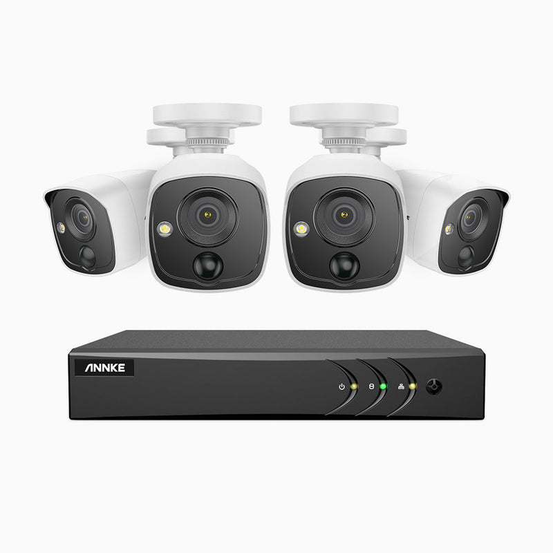 EP200 - Kit de surveillance filaire 1080p à 8 canaux avec 4 caméras PIR, H.265+ Smart DVR avec détection humaine et véhicule, alarme lumière, vision nocturne Infrarouge 30ms