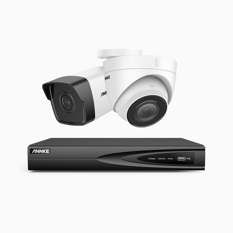 H500 - Kit de surveillance PoE 5MP à 4 canaux avec 1 caméra bullet et 1 caméra tourelle, Vision nocturne Infrarouge 2.0, Microphone intégré, Vision nocturne Infrarouge 2.0, RTSP et ONVIF pris en charge, Fonctionne avec Alexa