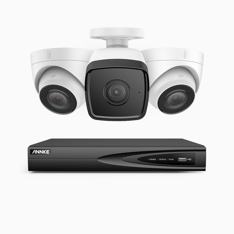 H500 - Kit de surveillance PoE 5MP à 4 canaux avec 1 caméra bullet et 2 caméras tourelle, Vision nocturne Infrarouge 2.0, Microphone intégré, Vision nocturne Infrarouge 2.0, RTSP et ONVIF pris en charge, Fonctionne avec Alexa