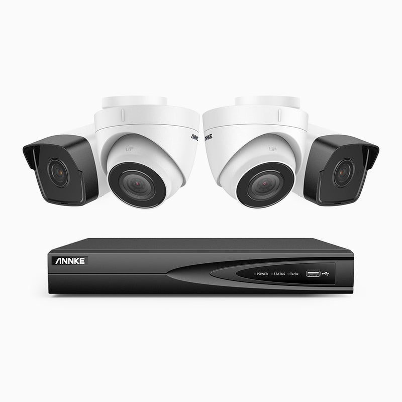 H500 - Kit de surveillance PoE 5MP à 4 canaux avec 2 caméras bullet et 2 caméras tourelle, Microphone intégré, Vision nocturne Infrarouge 2.0, RTSP et ONVIF pris en charge, Fonctionne avec Alexa