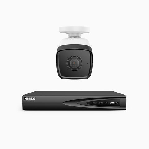 H500 - Kit de surveillance PoE 5MP à 4 canaux avec 1 caméra, Vision nocturne Infrarouge 2.0, Microphone intégré, RTSP et ONVIF pris en charge, Fonctionne avec Alexa