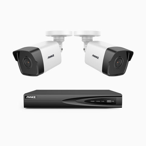 H500 - Kit de surveillance PoE 5MP à 4 canaux avec 2 caméras, Microphone intégré, Vision nocturne Infrarouge 2.0, Microphone intégré, RTSP et ONVIF pris en charge, Fonctionne avec Alexa