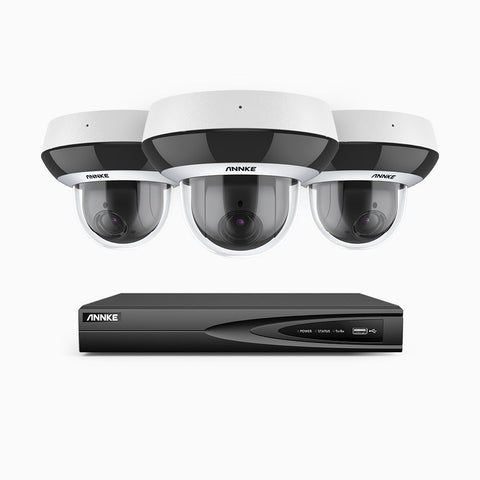 HCZ504 - 4 Channel 3 Camera PTZ PoE Security System, 3K Super HD, 4X Optical Zoom, IK10 & IP67, 2.8-12 mm Lens, Intelligent Behavior Analysis, Color Night Vision & Anti-Fog