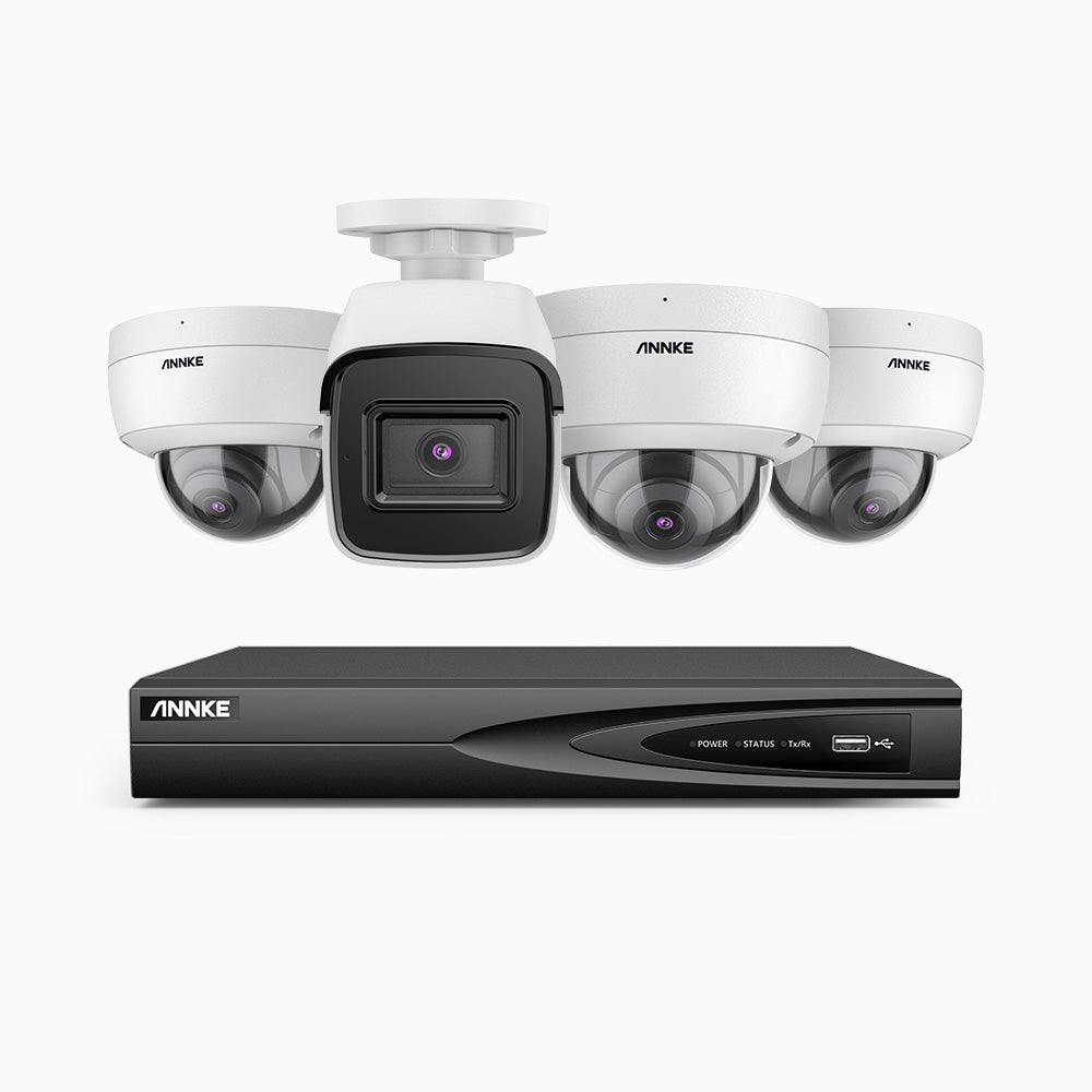 H800 - Kit de surveillance PoE 4K à 4 canaux avec 1 caméra bullet et 3 caméras dôme, anti-vandalisme IK10, vision nocturne en couleur et infrarouge, Détection Personne-Véhicule, Microphone intégré, Champ de vision de 96°, RTSP et ONVIF pris en charge