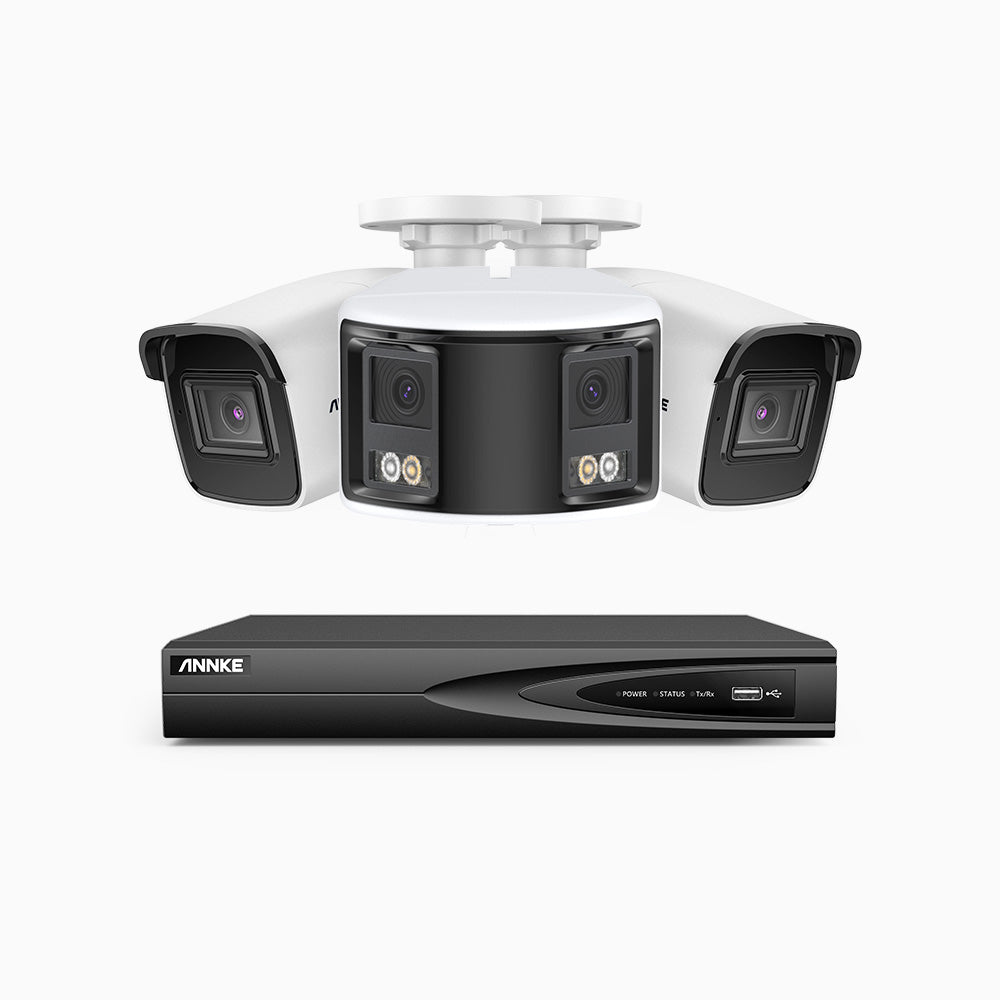 HDCK680 - Kit de surveillance PoE à 4 canaux avec 2*4K caméras et 1*6MP double objectif caméras (ultra grand angle 180°), Détection Personne-Véhicule, Microphone intégré