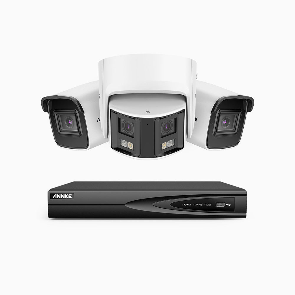 HDCK680 - Kit de surveillance PoE à 4 canaux avec 2*4K caméras et 1*6MP double objectif caméras (ultra grand angle 180°), Détection Personne-Véhicule, Microphone intégré