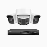 HDCK680 - Kit de surveillance PoE à 4 canaux avec 2*4K caméras et 1*6MP double objectif caméras (ultra grand angle 180°), Détection Personne-Véhicule, Microphone intégré