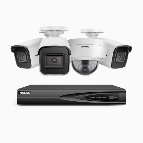 H800 - Kit de surveillance PoE 4K à 4 canaux avec 3 caméras bullet et 1 caméra dôme, anti-vandalisme IK10, vision nocturne en couleur et infrarouge, Détection Personne-Véhicule, Microphone intégré, Champ de vision de 96°, RTSP et ONVIF pris en charge