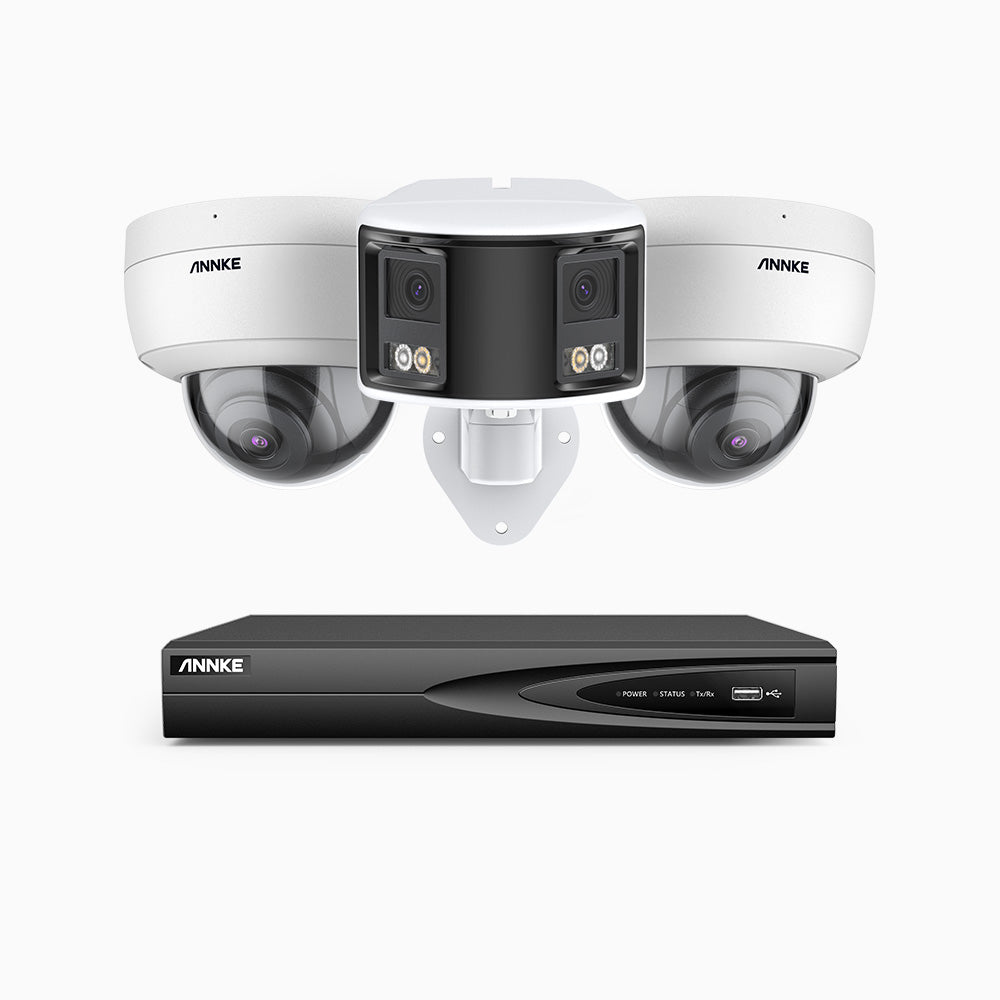 HDCK680 - Kit de surveillance PoE à 4 canaux avec 2*4K caméras et 1*6MP double objectif caméras (ultra grand angle 180°), Détection Personne-Véhicule, Microphone intégré