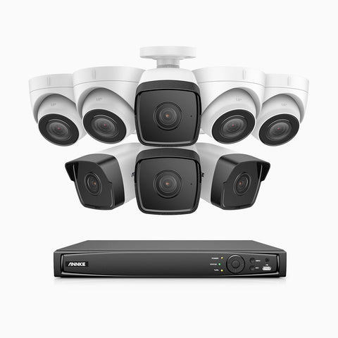 H500 - Kit de surveillance PoE 5MP à 16 canaux avec 4 caméras bullet et 4 caméras tourelle, Microphone intégré, Vision nocturne Infrarouge 2.0, RTSP et ONVIF pris en charge, Fonctionne avec Alexa