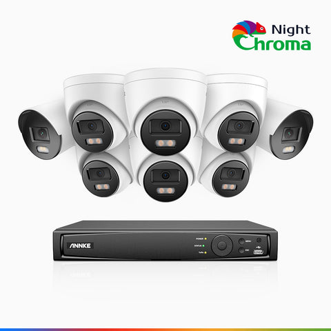 NightChroma<sup>TM</sup> NCK500 - Kit de surveillance PoE 3K à 16 canaux avec 2 caméras bullet et 6 caméras, tourellevision nocturne polychrome, f/1.0 Super ouverture (0,001 Lux), Alignement actif, Microphone intégré, Fente pour carte SD