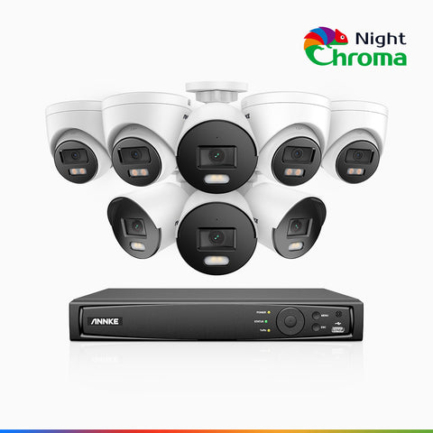 NightChroma<sup>TM</sup> NCK500 - Kit de surveillance PoE 3K à 16 canaux avec 4 caméras bullet et 4 caméras tourelle, vision nocturne polychrome, f/1.0 Super ouverture (0,001 Lux), Alignement actif, Microphone intégré, Fente pour carte SD