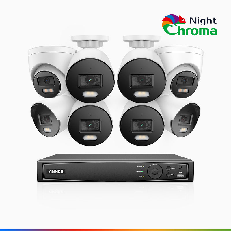NightChroma<sup>TM</sup> NCK400 - Kit de surveillance PoE 4MP à 16 canaux avec 6 caméras bullet et 2 caméras tourelle, vision nocturne polychrome, f/1.0 Super ouverture (0,001 Lux), Alignement actif, Microphone intégré, Fente pour carte SD