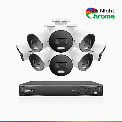 NightChroma<sup>TM</sup> NCK500 - Kit de surveillance PoE 3K à 16 canaux avec 8 caméras, vision nocturne polychrome, f/1.0 Super ouverture (0,001 Lux), Alignement actif, Microphone intégré, Fente pour carte SD