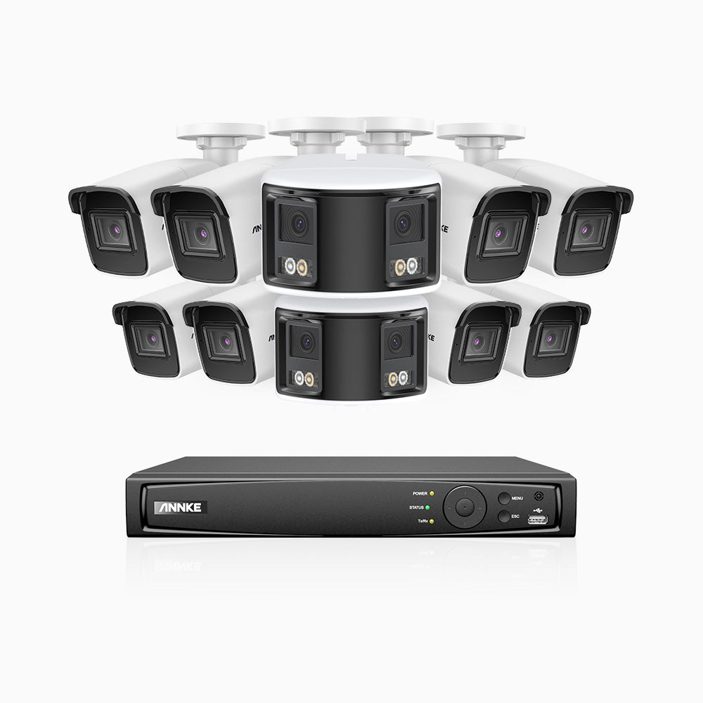 HDCK680 - Kit de surveillance PoE à 16 canaux avec 8*4K caméras et 2*6MP double objectif caméras (ultra grand angle 180°), Détection Personne-Véhicule, Microphone intégré