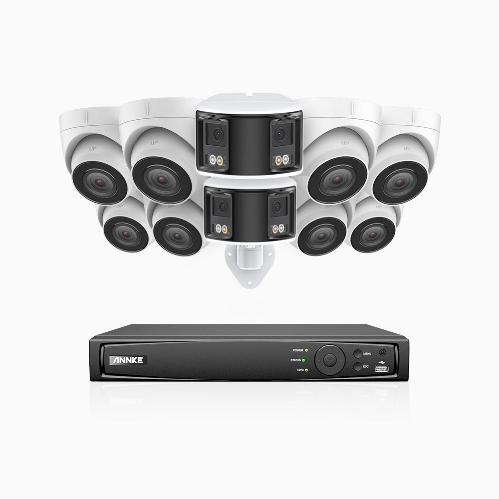 HDCK680 - Kit de surveillance PoE à 16 canaux avec 8*4K caméras et 2*6MP double objectif caméras (ultra grand angle 180°), Détection Personne-Véhicule, Microphone intégré