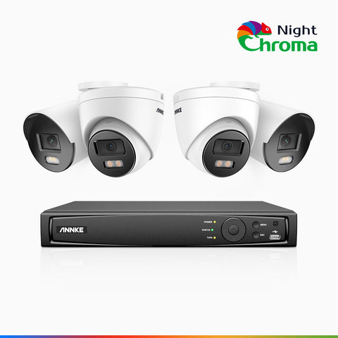 NightChroma<sup>TM</sup> NCK500 - Kit de surveillance PoE 3K à 8 canaux avec 2 caméras bullet et 2 caméras tourelle, vision nocturne polychrome, f/1.0 Super ouverture (0,001 Lux), Alignement actif, Microphone intégré, Fente pour carte SD