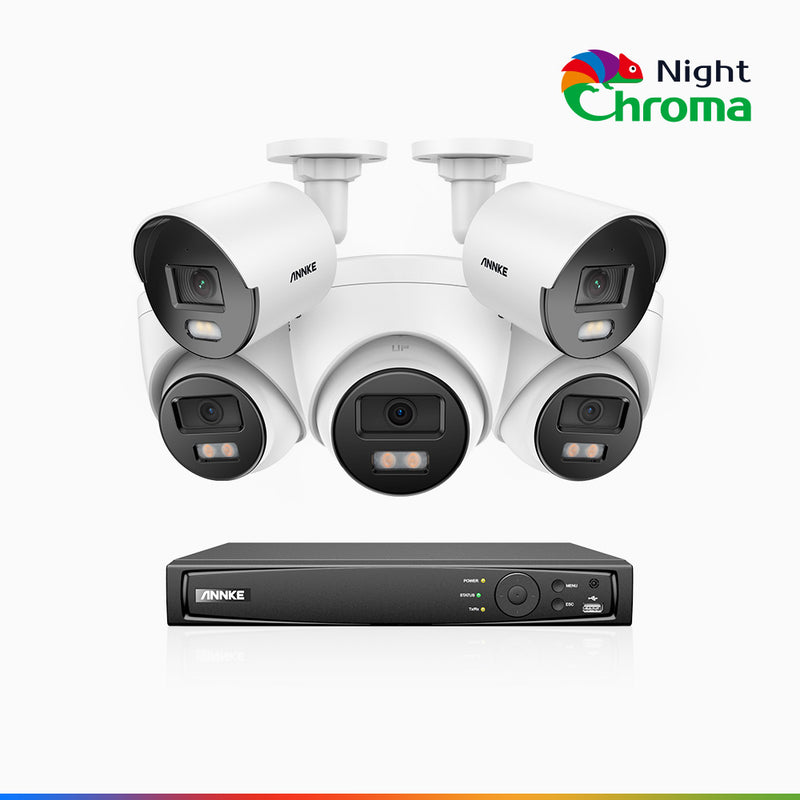 NightChroma<sup>TM</sup> NCK500 - Kit de surveillance PoE 3K à 8 canaux avec 2 caméras bullet et 3 caméras tourelle, vision nocturne polychrome, f/1.0 Super ouverture (0,001 Lux), Alignement actif, Microphone intégré, Fente pour carte SD