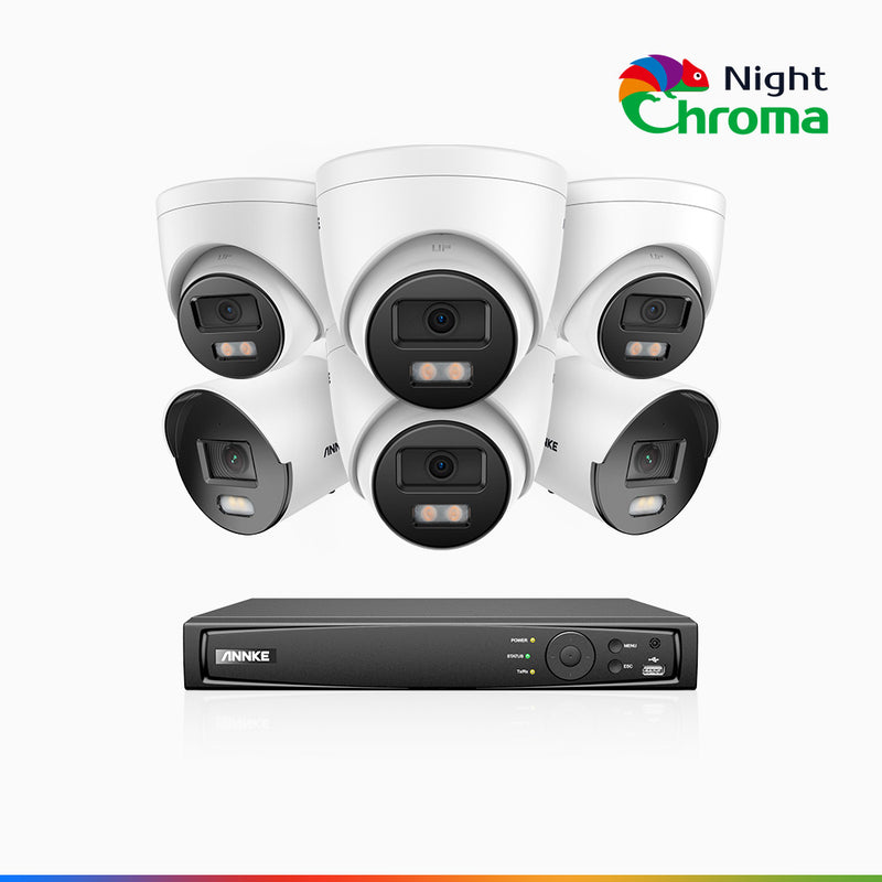 NightChroma<sup>TM</sup> NCK500 - Kit de surveillance PoE 3K à 8 canaux avec 2 caméras bullet et 4 caméras tourelle, vision nocturne polychrome, f/1.0 Super ouverture (0,001 Lux), Alignement actif, Microphone intégré, Fente pour carte SD