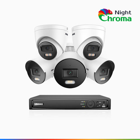 NightChroma<sup>TM</sup> NCK500 - Kit de surveillance PoE 3K à 8 canaux avec 3 caméras bullet et 2 caméras tourelle, vision nocturne polychrome, f/1.0 Super ouverture (0,001 Lux), Alignement actif, Microphone intégré, Fente pour carte SD