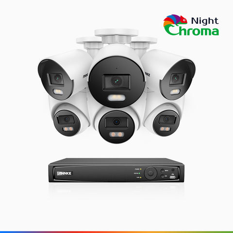 NightChroma<sup>TM</sup> NCK500 - Kit de surveillance PoE 3K à 8 canaux avec 3 caméras bullet et 3 caméras tourelle, vision nocturne polychrome, f/1.0 Super ouverture (0,001 Lux), Alignement actif, Microphone intégré, Fente pour carte SD