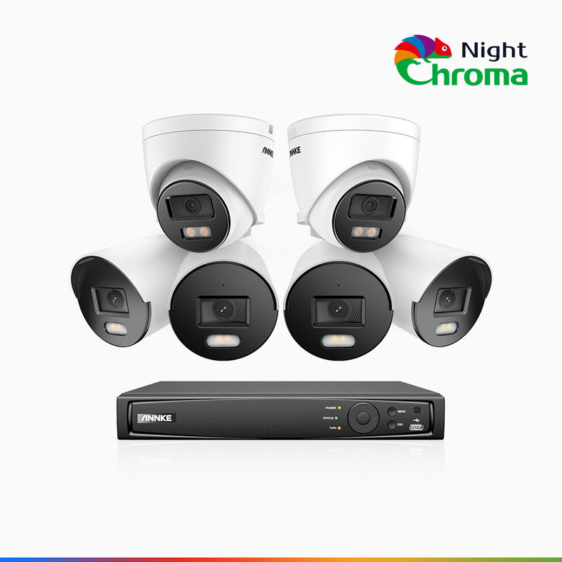 NightChroma<sup>TM</sup> NCK500 - Kit de surveillance PoE 3K à 8 canaux avec 4 caméras bullet et 2 caméras tourelle, vision nocturne polychrome, f/1.0 Super ouverture (0,001 Lux), Alignement actif, Microphone intégré, Fente pour carte SD