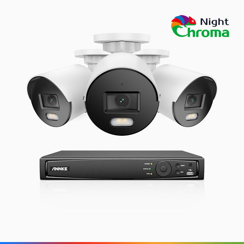 NightChroma<sup>TM</sup> NCK500 - Kit de surveillance PoE 3K à 8 canaux avec 3 caméras, vision nocturne polychrome, f/1.0 Super ouverture (0,001 Lux), Alignement actif, Microphone intégré, Fente pour carte SD