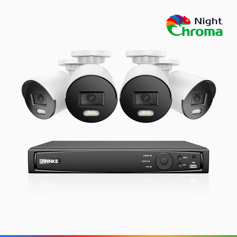 NightChroma<sup>TM</sup> NCK400 - Kit de surveillance PoE 4MP à 8 canaux avec 4 caméras, vision nocturne polychrome, f/1.0 Super ouverture (0,001 Lux), Alignement actif, Microphone intégré, Fente pour carte SD