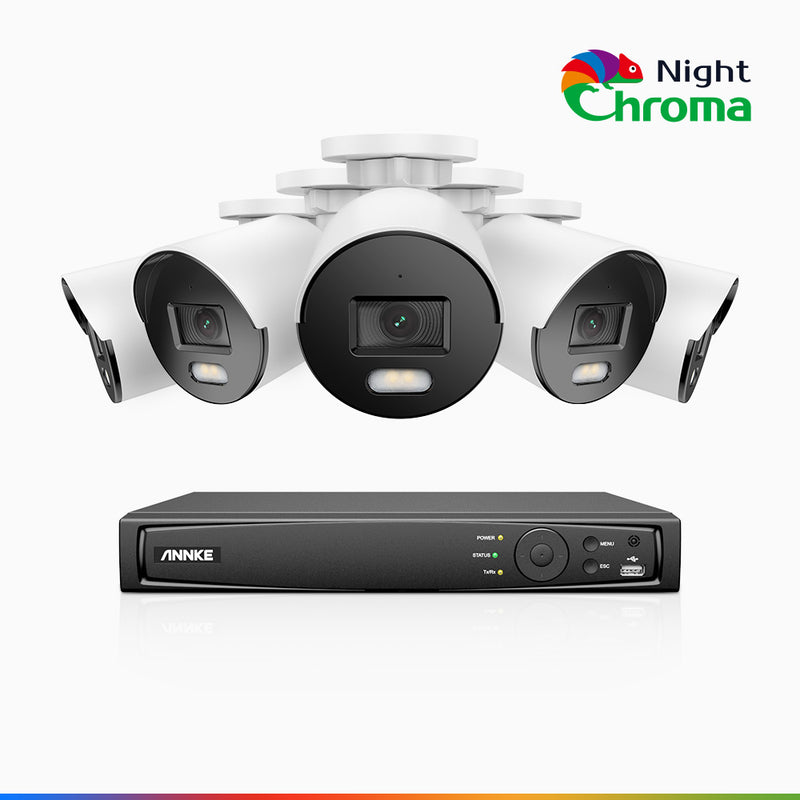 NightChroma<sup>TM</sup> NCK500 - Kit de surveillance PoE 3K à 8 canaux avec 5 caméras, vision nocturne polychrome, f/1.0 Super ouverture (0,001 Lux), Alignement actif, Microphone intégré, Fente pour carte SD