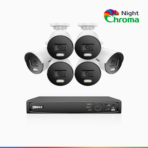 NightChroma<sup>TM</sup> NCK500 - Kit de surveillance PoE 3K à 8 canaux avec 6 caméras, vision nocturne polychrome, f/1.0 Super ouverture (0,001 Lux), Alignement actif, Microphone intégré, Fente pour carte SD