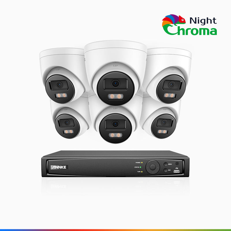 NightChroma<sup>TM</sup> NCK400 - Kit de surveillance PoE 4MP à 8 canaux avec 6 caméras, vision nocturne polychrome, f/1.0 Super ouverture (0,001 Lux), Alignement actif, Microphone intégré, Fente pour carte SD