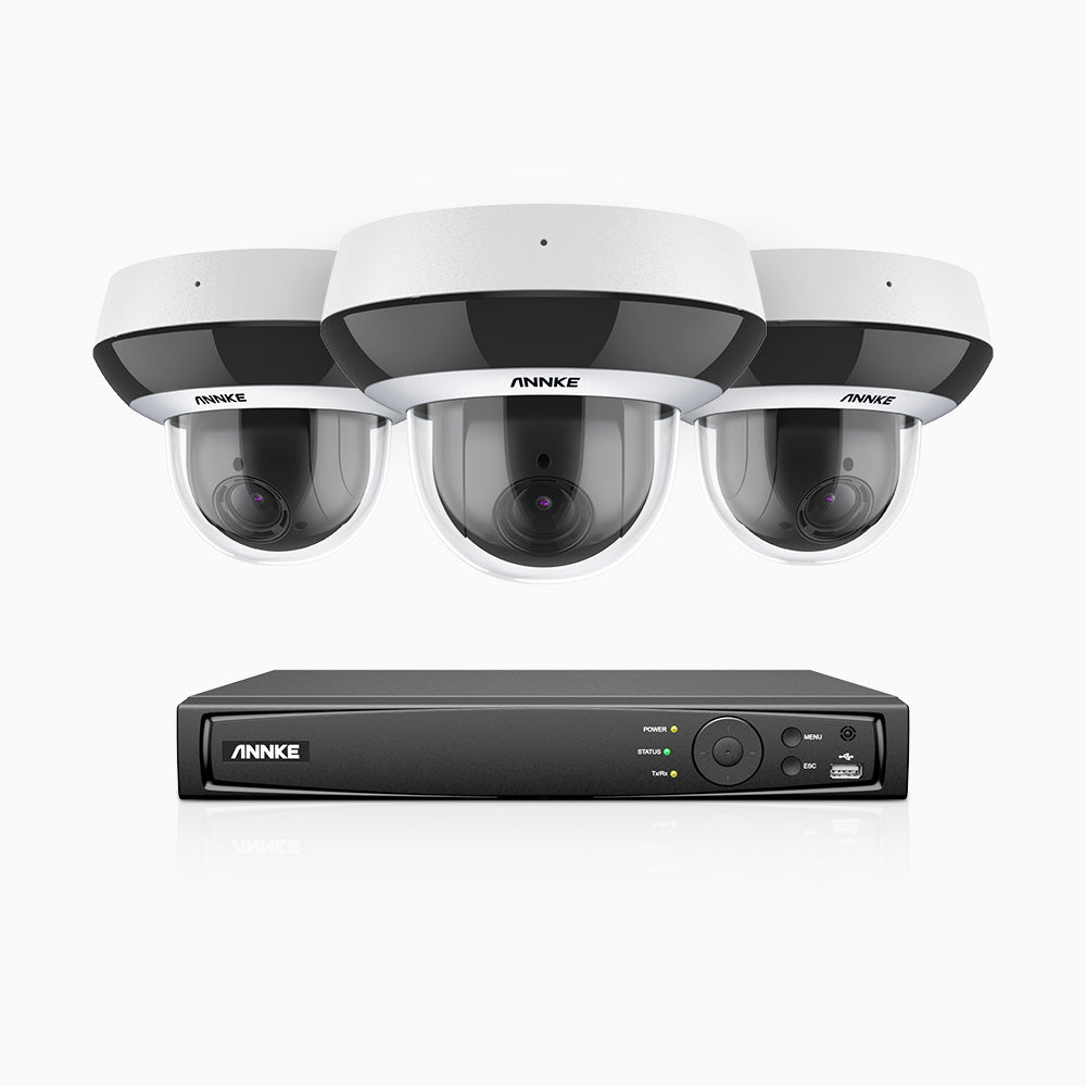 HCZ504 - 8 Channel 3 Camera PTZ PoE Security System, 3K Super HD, 4X Optical Zoom, IK10 & IP67, 2.8-12 mm Lens, Intelligent Behavior Analysis, Color Night Vision & Anti-Fog