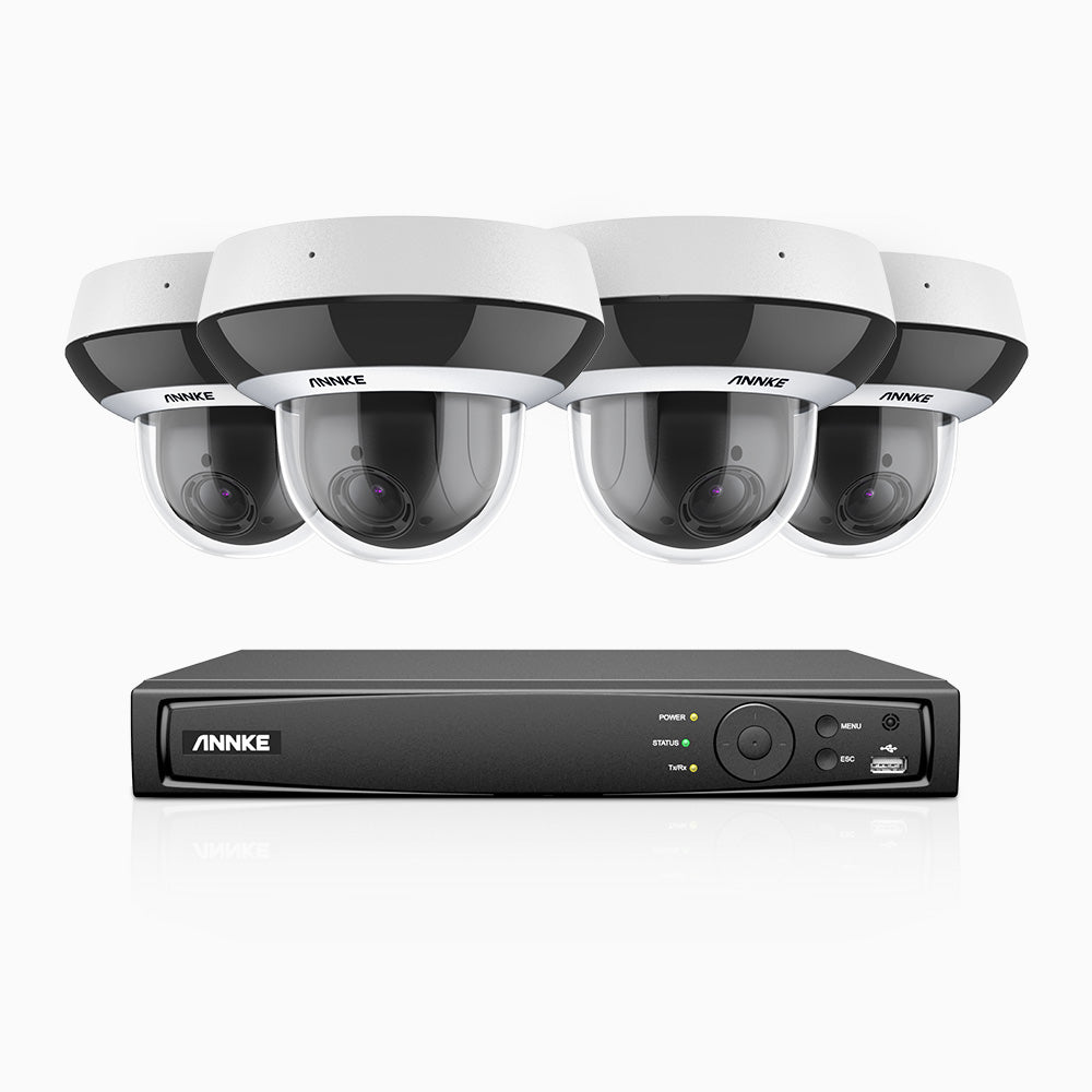 HCZ504 - 8 Channel 4 Camera PTZ PoE Security System, 3K Super HD, 4X Optical Zoom, IK10 & IP67, 2.8-12 mm Lens, Intelligent Behavior Analysis, Color Night Vision & Anti-Fog