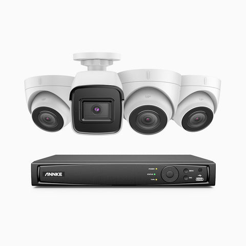 H800 - Kit de surveillance PoE 4K à 4 canaux avec 1 caméra bullet et 3 caméras tourelle, vision nocturne en couleur et infrarouge, Détection Personne-Véhicule, Microphone intégré, Champ de vision de 96°, RTSP et ONVIF pris en charge