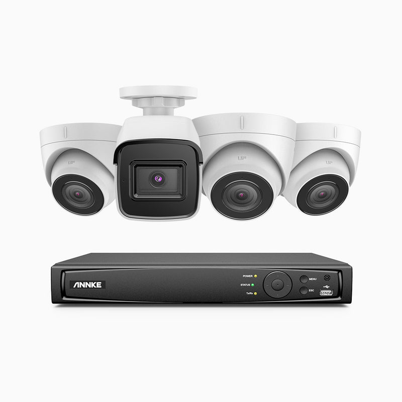 H800 - Kit de surveillance PoE 4K à 8 canaux avec 1 caméra bullet et 3 caméras tourelle, Détection Personne-Véhicule, Microphone intégré, Vision nocturne Infrarouge 2.0, Champ de vision de 123°, RTSP et ONVIF pris en charge