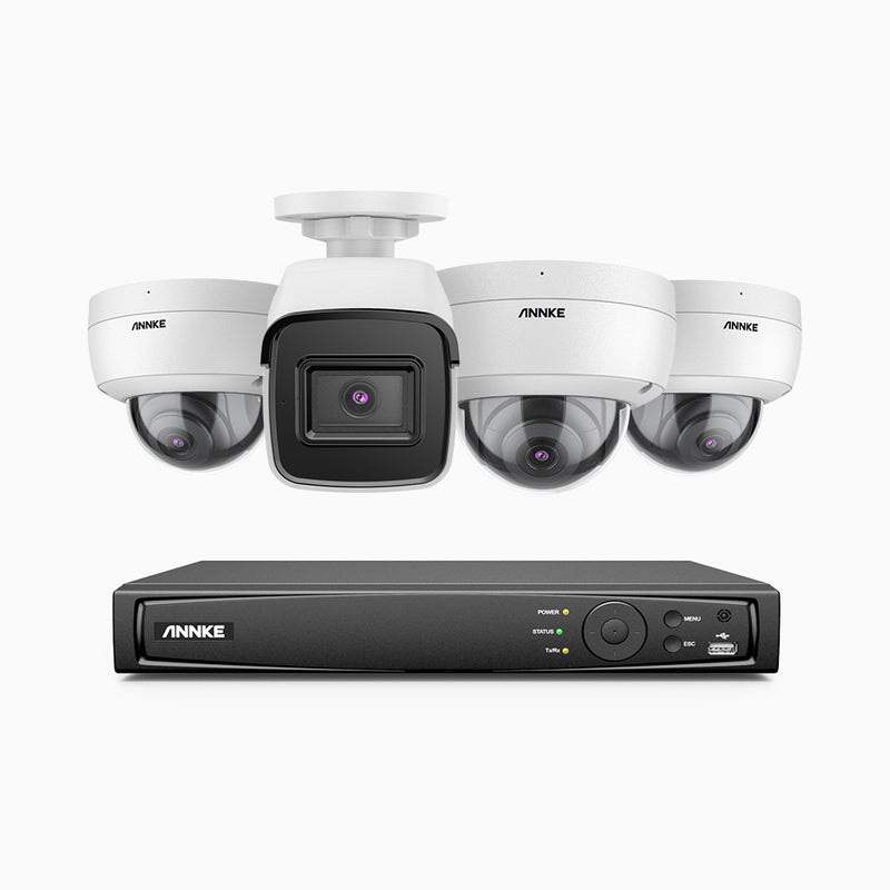 H800 - Kit de surveillance PoE 4K à 8 canaux avec 1 caméra bullet et 3 caméras dôme, anti-vandalisme IK10, vision nocturne en couleur et infrarouge, Détection Personne-Véhicule,Microphone intégré, Champ de vision de 96°, RTSP et ONVIF pris en charge