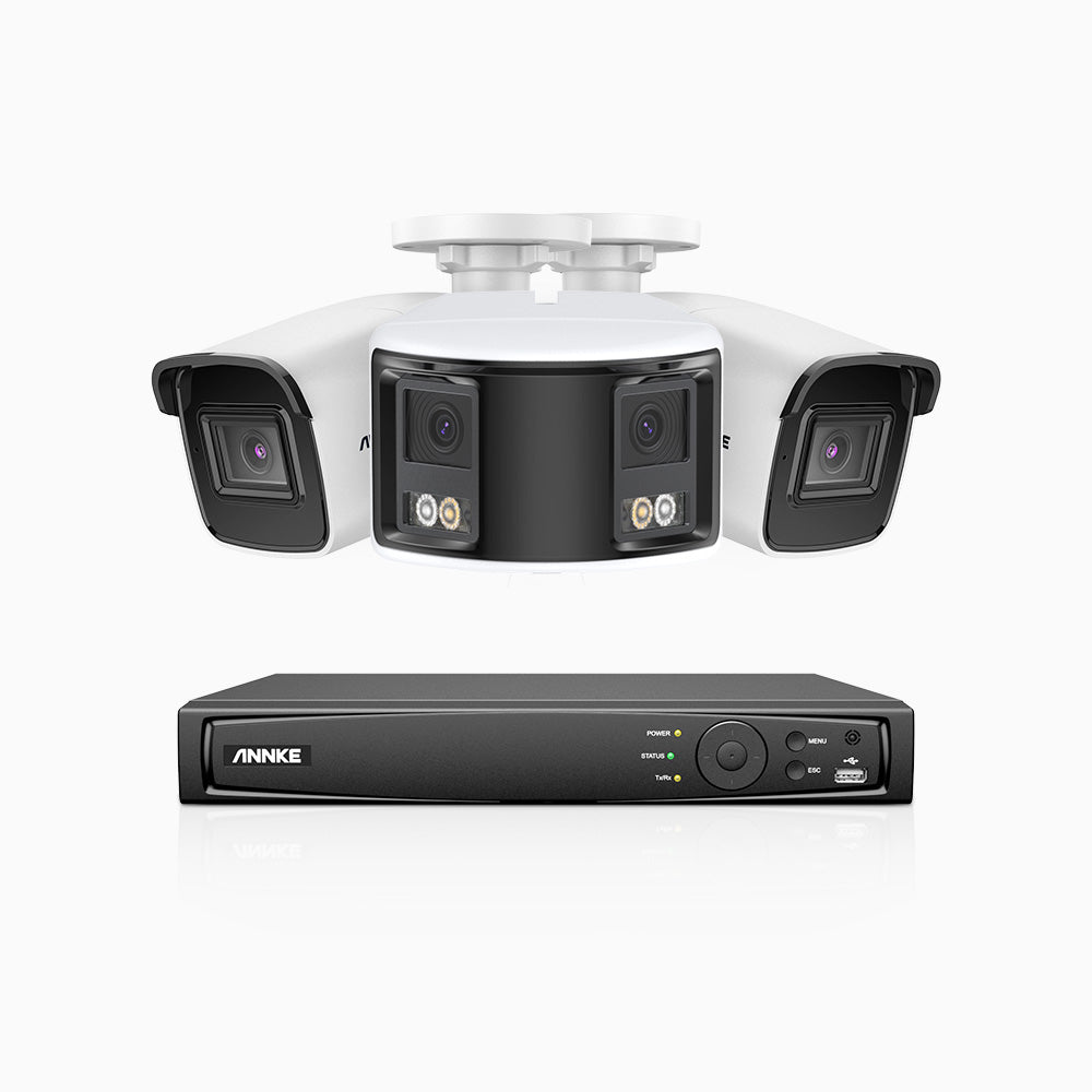 HDCK680 - Kit de surveillance PoE à 8 canaux avec 2*4K caméras et 1*6MP double objectif caméras (ultra grand angle 180°), Détection Personne-Véhicule, Microphone intégré