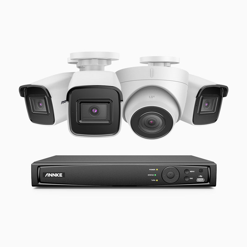 H800 - Kit de surveillance PoE 4K à 8 canaux avec 3 caméras bullet et 1 caméra tourelle, vision nocturne en couleur et infrarouge, Détection Personne-Véhicule, Microphone intégré, Champ de vision de 96°, RTSP et ONVIF pris en charge