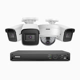 H800 - Kit de surveillance PoE 4K à 8 canaux avec 3 caméras bullet et 1 caméra dôme, anti-vandalisme IK10, vision nocturne en couleur et infrarouge, Détection Personne-Véhicule,Microphone intégré, Champ de vision de 96°, RTSP et ONVIF pris en charge