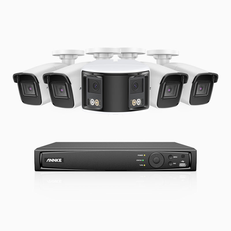 HDCK680 - Kit de surveillance PoE à 8 canaux avec 4*4K caméras et 1*6MP double objectif caméras (ultra grand angle 180°), Détection Personne-Véhicule, Microphone intégré