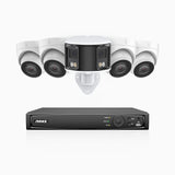 HDCK680 - Kit de surveillance PoE à 8 canaux avec 4*4K caméras et 1*6MP double objectif caméras (ultra grand angle 180°), Détection Personne-Véhicule, Microphone intégré