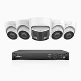 HDCK680 - Kit de surveillance PoE à 8 canaux avec 4*4K caméras et 1*6MP double objectif caméras (ultra grand angle 180°), Détection Personne-Véhicule, Microphone intégré