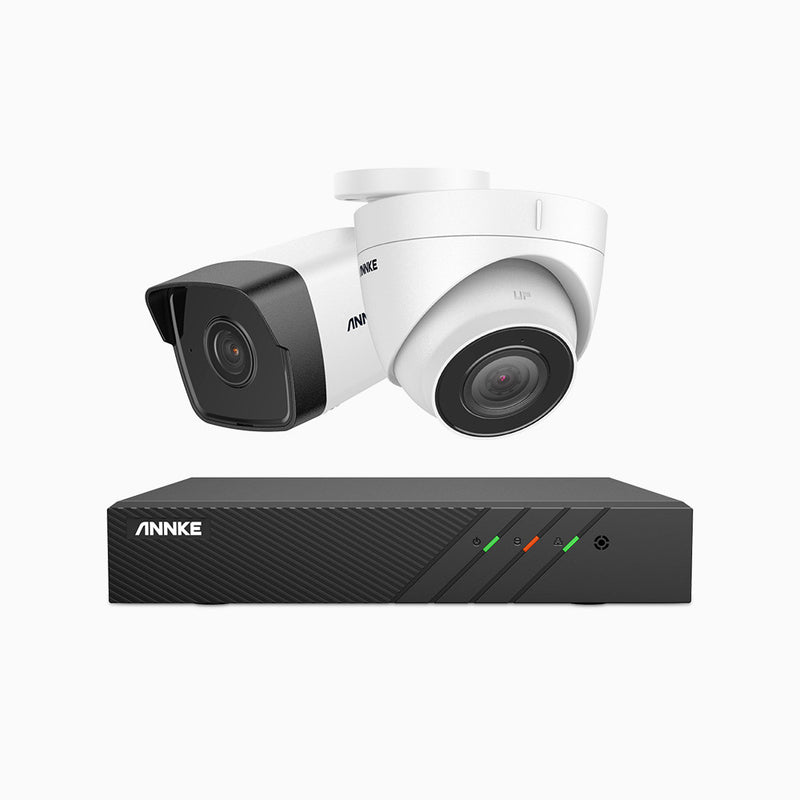 H500 - Kit de surveillance PoE 5MP à 8 canaux avec 1 caméra bullet et 1 caméra tourelle, Microphone intégré, Vision nocturne Infrarouge 2.0, RTSP et ONVIF pris en charge, Fonctionne avec Alexa
