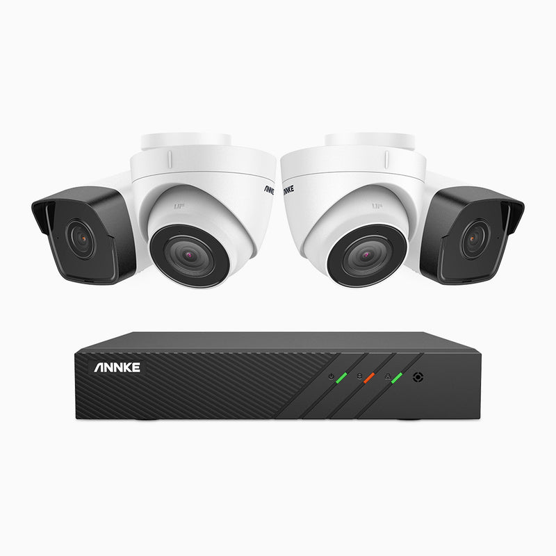 H500 - Kit de surveillance PoE 5MP à 8 canaux avec 2 caméras bullet et 2 caméras tourelle, Microphone intégré, Vision nocturne Infrarouge 2.0, RTSP et ONVIF pris en charge, Fonctionne avec Alexa