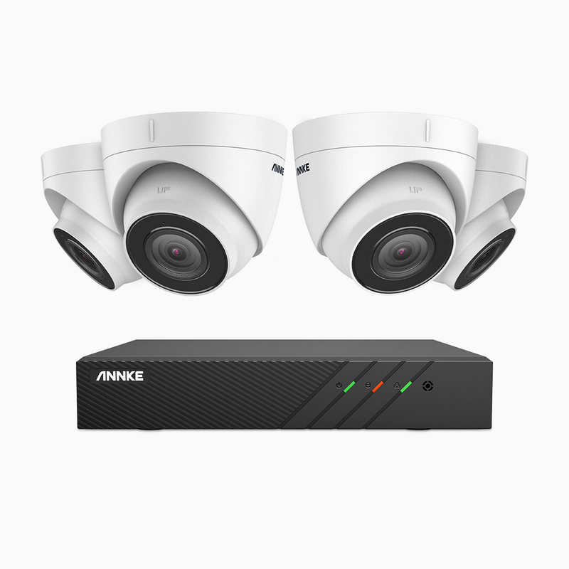 H500 - Kit de surveillance PoE 5MP à 8 canaux avec 4 caméras, Microphone intégré, Vision nocturne Infrarouge 2.0, RTSP et ONVIF pris en charge, Fonctionne avec Alexa