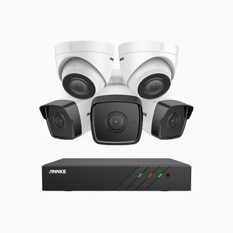 H500 - Kit de surveillance PoE 5MP à 8 canaux avec 3 caméras bullet et 2 caméras tourelle, Microphone intégré, Vision nocturne Infrarouge 2.0, RTSP et ONVIF pris en charge, Fonctionne avec Alexa