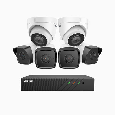 H500 - Kit de surveillance PoE 5MP à 8 canaux avec 4 caméras bullet et 2 caméras tourelle, Vision nocturne Infrarouge 2.0, Microphone intégré, RTSP et ONVIF pris en charge, Fonctionne avec Alexa
